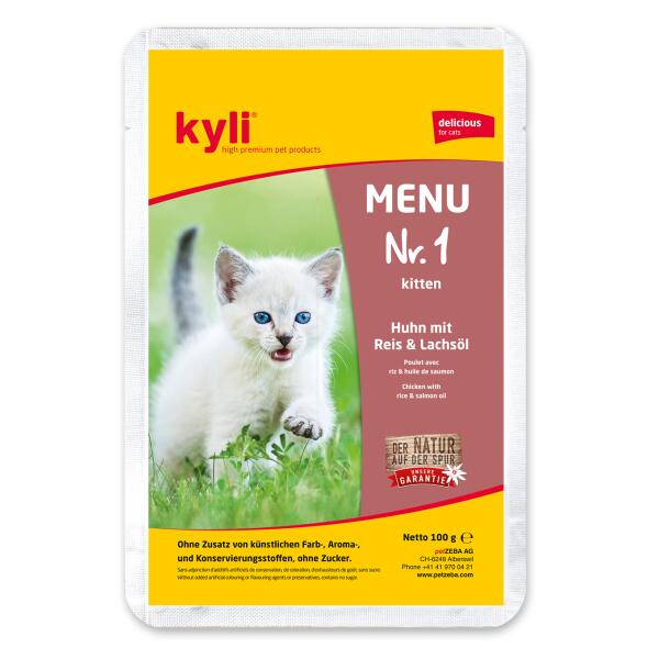 Kyli Menu Nr.1 Kitten Huhn mit Reis & Lachsöl (12x100gr)