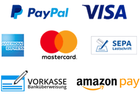 Wir bieten PayPal, Vorkasse Überweisung und Amazon Pay als Zahlungsart